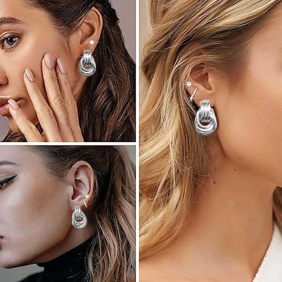 3 Pairs Silver Hoop Earrings Set for Women Chunky Trendy Huggie Dainty Jewelry - Picture 4 of 6